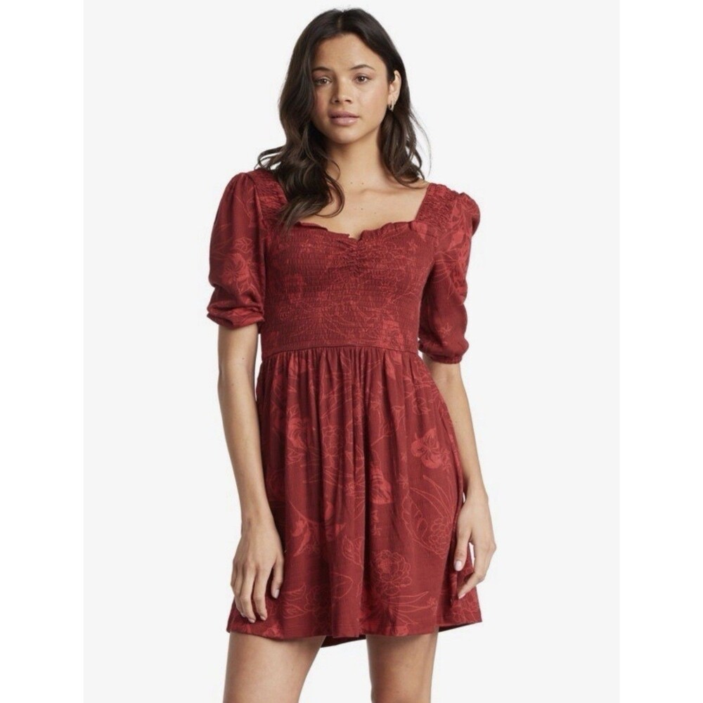 Roxy Women’s Rolling Sunsets Floral Smock Bodice Red Dress Cotton Blend Medium